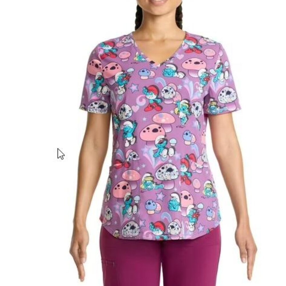 The Smurfs Scrub Top Short Sleeves V Neck Medical Uniform Size Large
